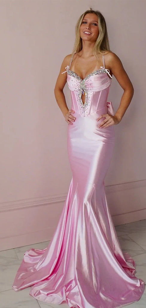 Elegant Pink Spaghetti Strap Mermaid Long Prom Dress Ideas, Evening Party Dresses, WGP2028