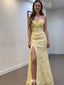 Modern Yellow Floral Lace Prom Dress Strapless Cowl Neck High Slit Corset Gala Gown,WGP2061