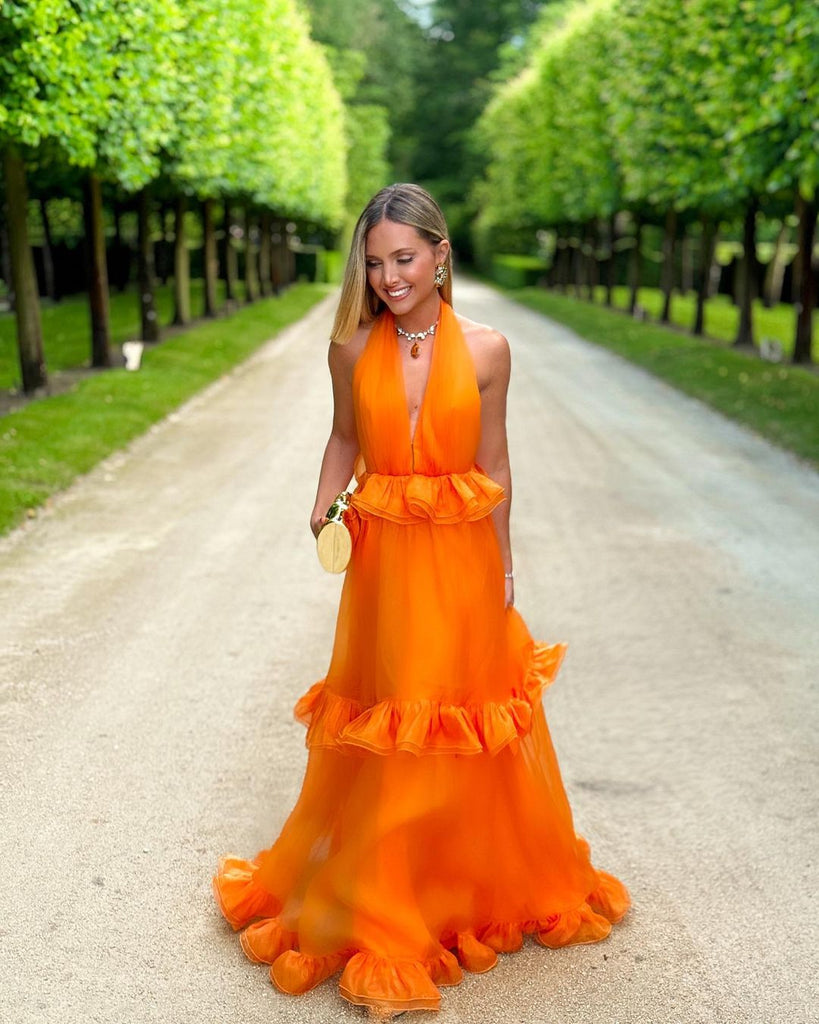 Unique Orange V-Neck A-Line Long Prom Dress Ideas, Evening Party Dresses,WGP1787