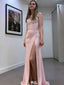 Modern Pink Mermaid Satin Prom Dress Crystal Waist Detail Boned Bodice Side Slit Skirt,WGP2048