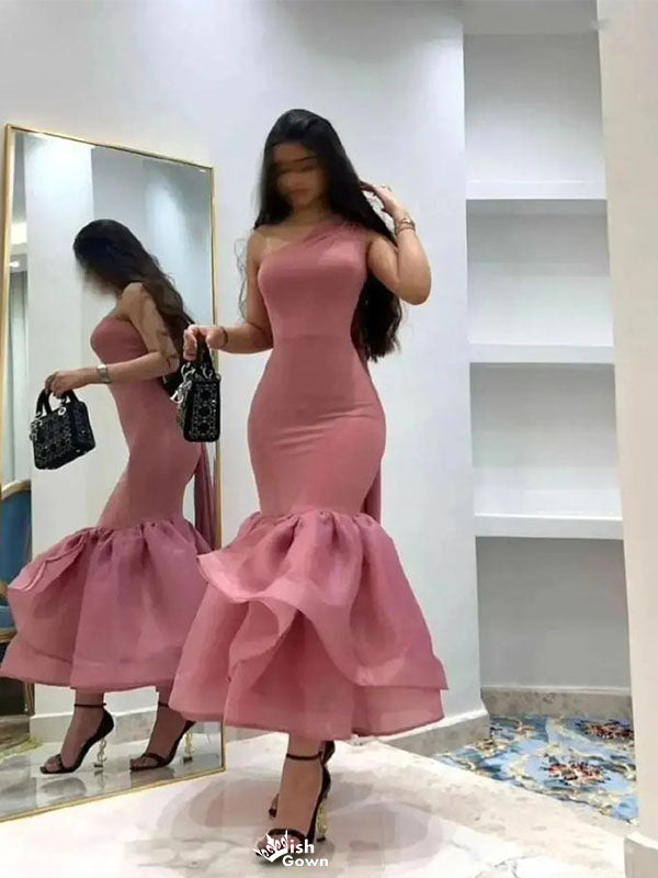 Elegant Pink One-Shoulder Mermaid Long Prom Dress Ideas, Evening Party Dresses,WGP1812