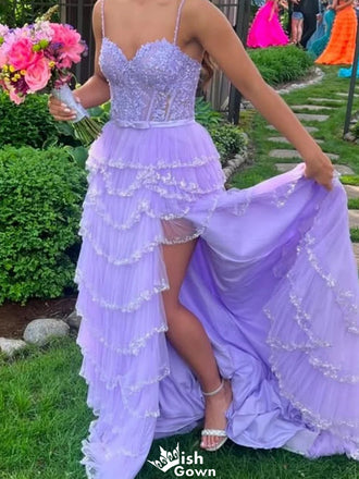Gorgeous Spaghetti Strap Lace A-line Long Prom Dress Ideas, Evening Party Dresses,WGP1220