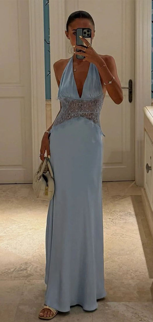 Modern Halter Prom Gown Sexy Lace Waist Sleeveless Satin Formal Maxi,WGP2177