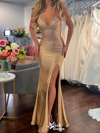 Sexy V-neck Spaghetti Strap Criss-Cross Beading Mermaid  Long Prom Dress Ideas, Evening Party Dresses,WGP1108