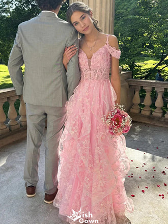 Gorgeous Off-shoulder Spaghetti Strap Lace A-line Long Prom Dress Ideas, Evening Party Dresses,WGP1229