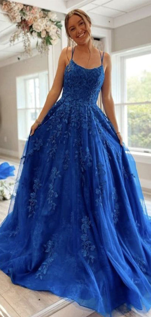 Elegant Blue A-Line Spaghetti Strap Lace Popular Long Evening Dresses, Formal Dresses, Birthday Party, WGP584