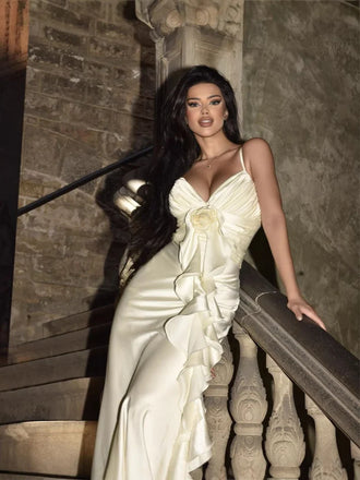 Elegant White Spaghetti Strap Mermaid Floral Long Prom Dress Ideas, Evening Party Dresses,WGP1701