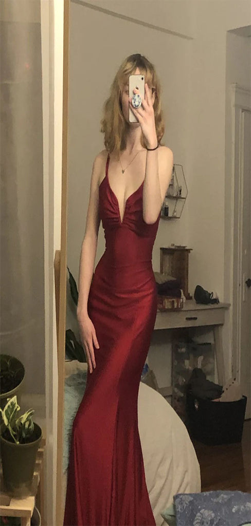 Sexy Mermaid Red Deep V-Neck Spaghetti Straps Pleats Formal Prom Dresses,Evening Gowns,WGP341