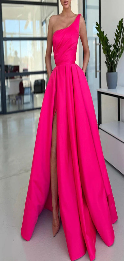 Elegant A-Line One Shoulder Pleats Side Slit Long Prom Dresses,Evening Gowns,WGP321