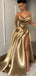 Fancy Gold Satin Strapless High Slit A-Line Formal Dresses, Long Prom Dresses,WGP2063