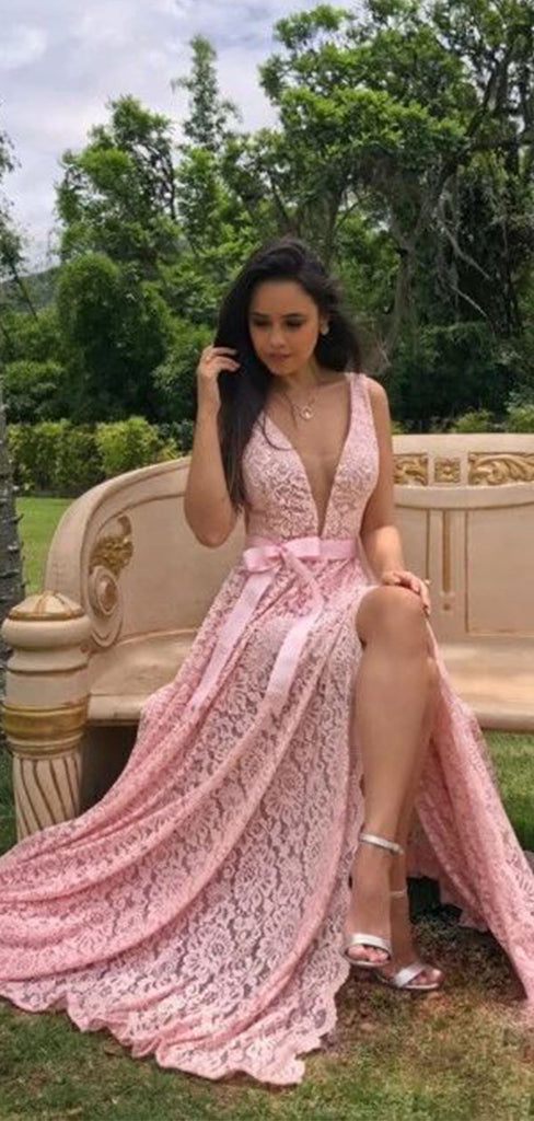 Elegant Pink V-Neck Side Slit Long Prom Dress Ideas, Evening Party Dresses,WGP1926