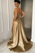 Fancy Gold Satin Strapless High Slit A-Line Formal Dresses, Long Prom Dresses,WGP2063