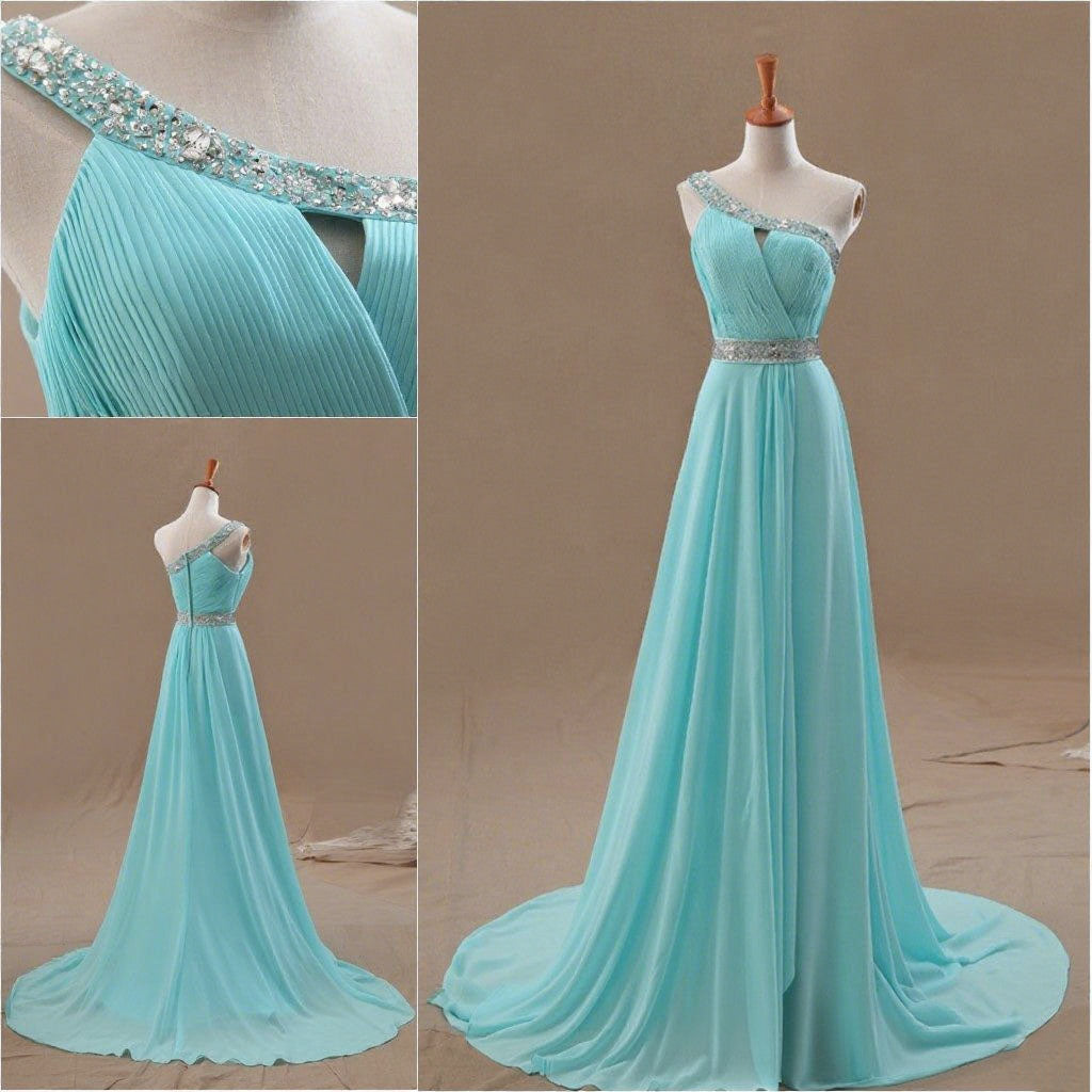 Unique Mint Green One-Shoulder A-Line Long Prom Dress Ideas, Evening Party Dresses,WGP1870