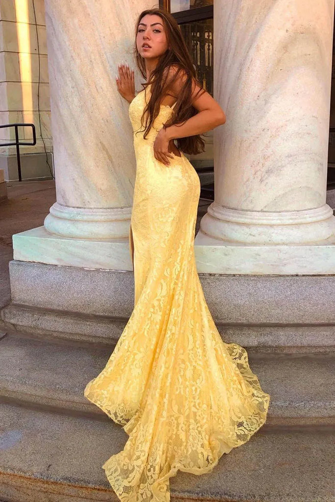 Unique Yellow Lace Applique Mermaid Prom Dress with Deep V-Neck Formal Gown,WGP2097