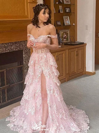 Elegant Pink Off-Shoulder Sleeveless A-Line Side Slit Long Prom Dress Ideas, Evening Party Dresses , WGP1886