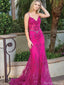 Elegant Fuchsia Lace Mermaid Prom Dress Sheer Corset Bodice Spaghetti Strap Formal Gown,WGP2089