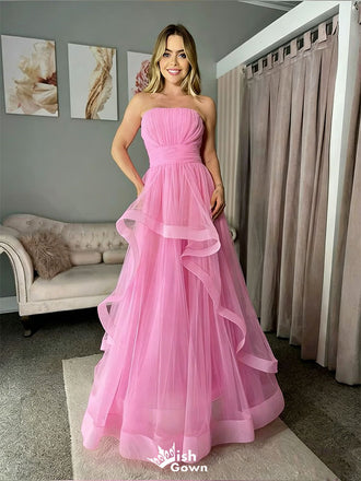 Elegant Pink Tulle Ball Gown Strapless Tiered Skirt Prom Party Dress Long,WGP2187