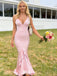 Chic Mermaid Pink Prom Gown Deep V-Neck Ruffled Trumpet Skirt Formal Wear,WGP2121