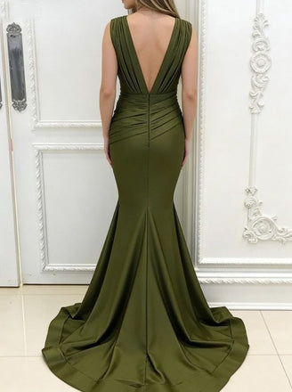 Elegant Green V-Neck Mermaid Long Prom Dress Ideas, Evening Party Dresses,WGP1632