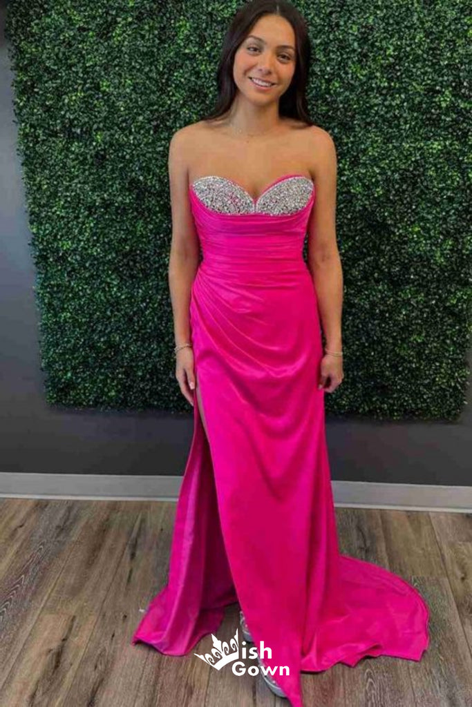 Hot Pink Strapless Sweetheart Beaded Sheath Long Party Dress Prom Dresses,Evening Dress Online, WGP895