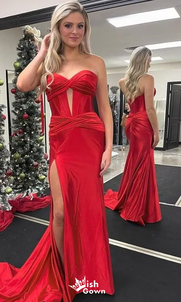 Stylish Red Strapless Side Slit Mermaid Sweetheart Long Party Dress Prom Dresses,WGP997