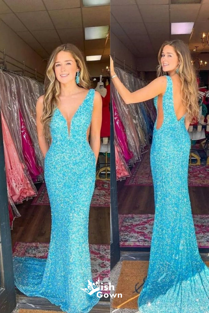 Stunning Blue Plunging Mermaid Party Dress Long Prom Dresses to Impress, WGP959