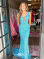 Stunning Blue Plunging Mermaid Party Dress Long Prom Dresses to Impress, WGP959