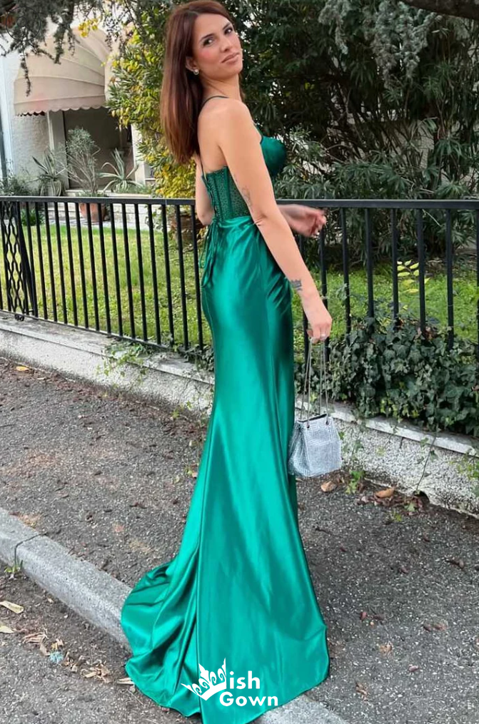 Gorgeous Green Spaghetti Straps Lace up Back Side Slit Mermaid Long Party Dress Prom Dresses ,WGP1011