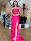 Gorgeous Hot Pink Sweetheart Lace Appliques Side Slit Mermaid Long Party Dress Prom Dresses ,WGP1013