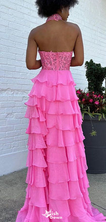 Gorgeous Halter Lace A-line Long Prom Dress Ideas, Evening Party Dresses,WGP1355