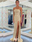 Shiny Gold Strapless Straight Neck Mermaid Side Slit Long Party Dress Prom Dresses,Evening Dress Online, WGP900