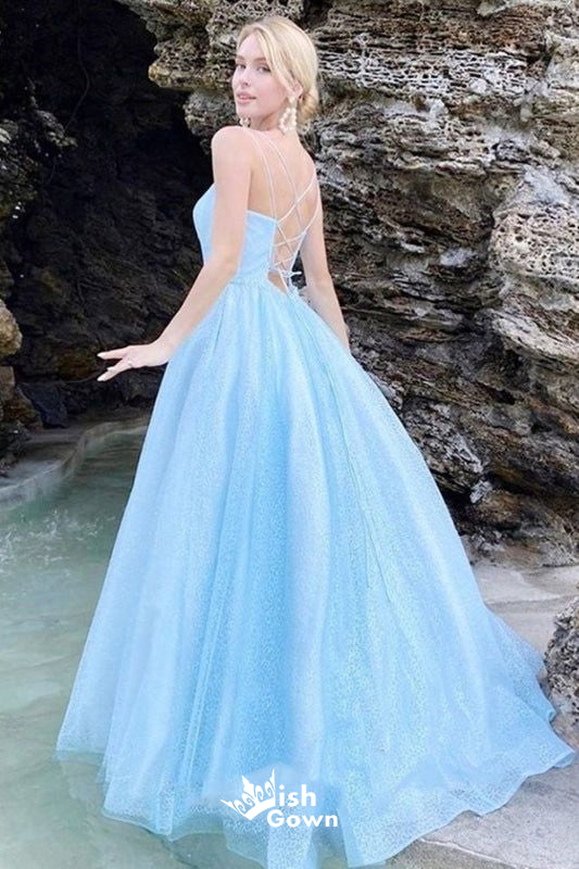 Sexy Spaghetti Straps Blue A-line Mermaid Lace up Back Party Dress Long Prom Dresses to Impress , WGP963