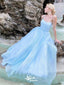 Sexy Spaghetti Straps Blue A-line Mermaid Lace up Back Party Dress Long Prom Dresses to Impress , WGP963