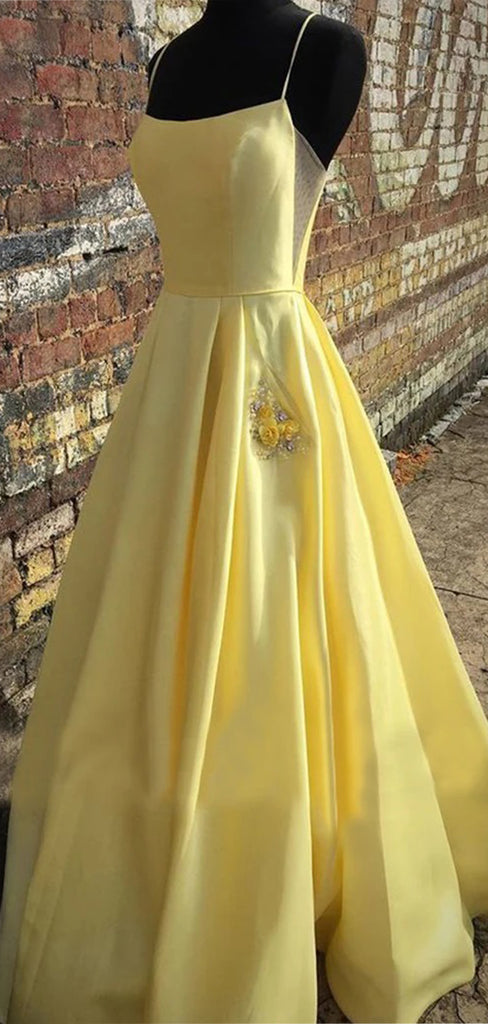 Yellow Elegant Spaghetti Straps A-Line Flower Long Evening Dresses, Formal Dresses, WGP525