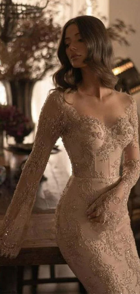 Shiny Gold Long Sleeve Mermaid Lace Applique Long Prom Dress Ideas, Evening Party Dresses,WGP1686