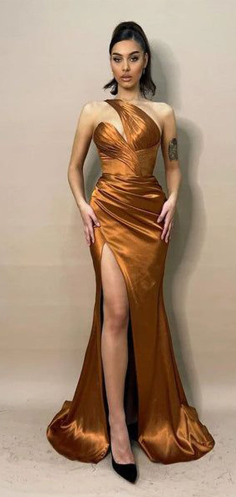 Elegant Gold One-Shoulder Mermaid Side Slit Long Prom Dress Ideas, Evening Party Dresses,WGP1939