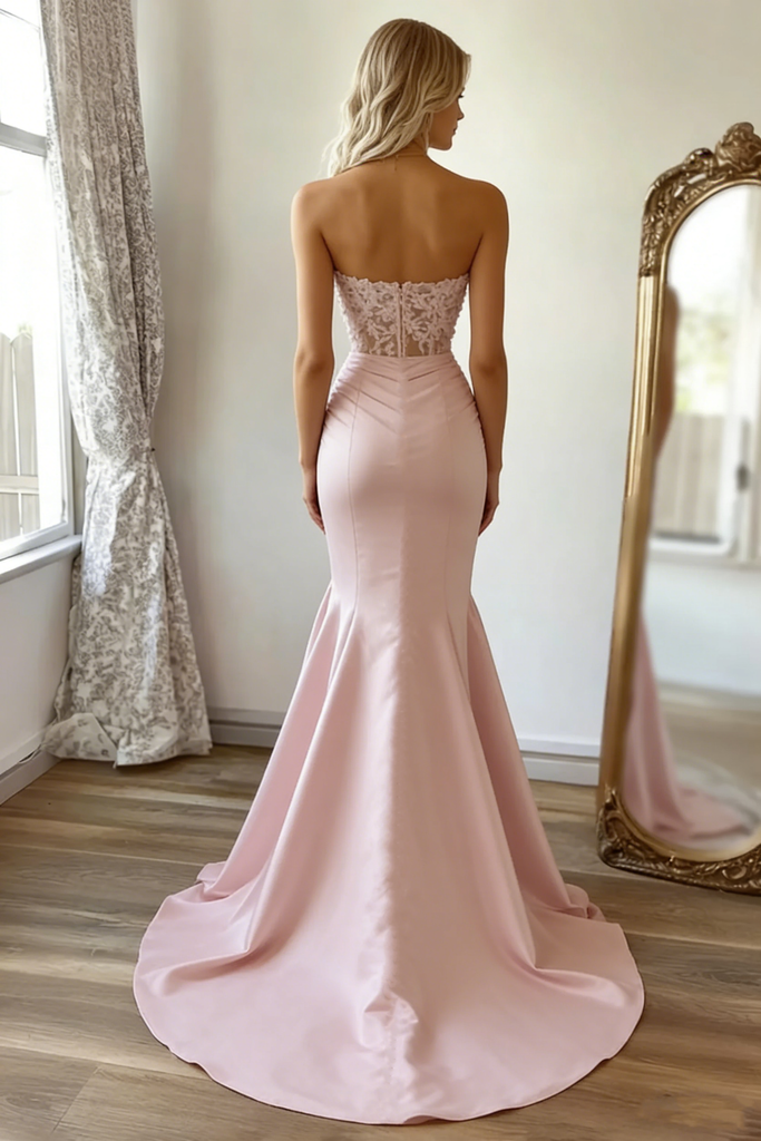 Sexy Blush Pink Satin Mermaid Prom Dress Strapless Ruched Party Gown,WGP2131