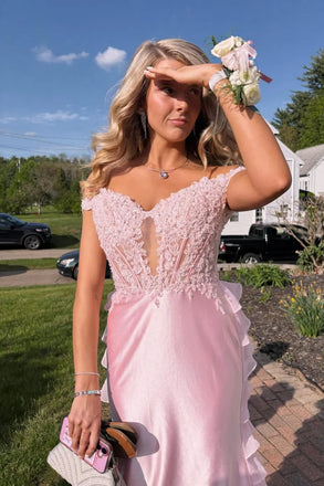 Elegant Floral Pink Off Shoulder Mermaid Long Prom Dress Ideas, Evening Party Dresses, WGP2038