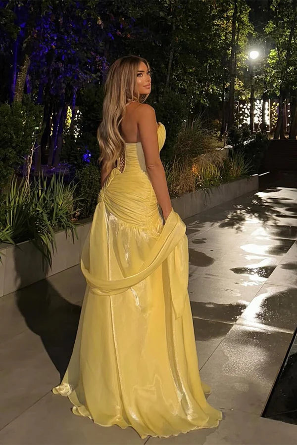 Unique Strapless Ruched Yellow Chiffon A-Line Prom Dresses, Evening Party Dresses,WGP2064