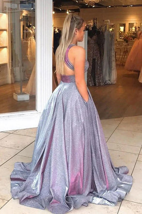 Gorgeous Blue V-Neck A-Line Long Prom Dress Ideas, Evening Party Dresses,WGP1643