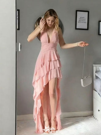 Sexy Pink V-Neck High Low Long Prom Dress Ideas, Evening Party Dresses,WGP1815