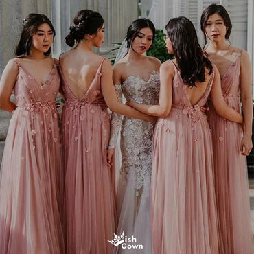 Elegant Pink V-Neck Sleeveless Floral A-Line Long Bridesmaid Dresses Online,WGM442