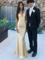Elegant Champagne Satin Formal Evening Gown Slim Fit Mermaid Style Sleeveless Prom Dress,WGP2098