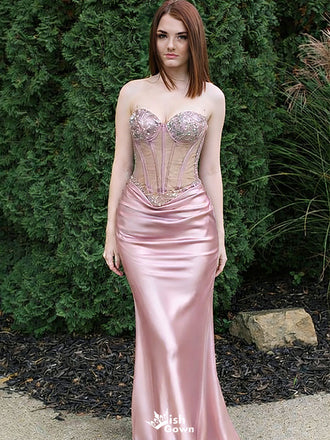Fancy Pink Satin Prom Dress Classy Strapless Corset Bodice Mermaid Formal Party Gown,WGP2079