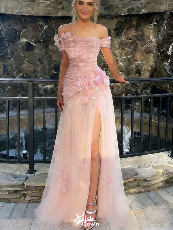 Unique Off-Shoulder Ruched Tulle Prom Dress with Floral Appliques,WGP2152
