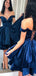 Elegant Blue Off-shoulder Criss-Cross Back Cheap Short Homecoming Dresses, EPT191