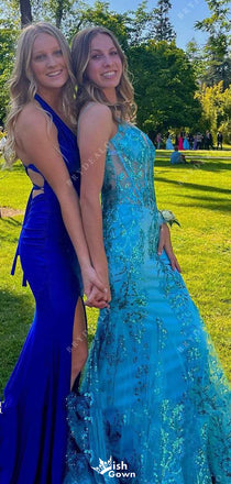 Sexy V-neck Spaghetti Strap Lace Mermaid Long Prom Dress Ideas, Evening Party Dresses,WGP1388