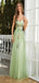 Floral Green A-Line V Neck Spaghetti Straps Appliques Long Prom Gowns,Evening Dresses,WGP322