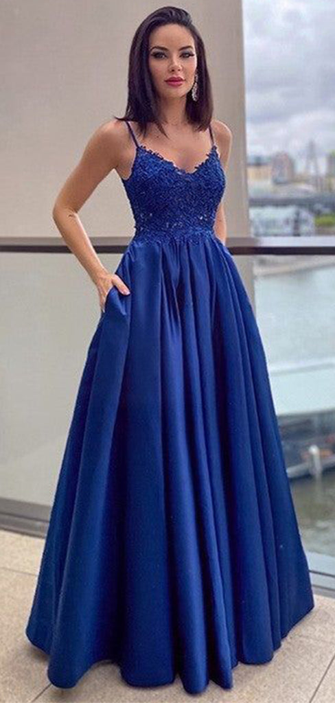 Elegant Blue A-Line Spaghetti Straps Side Slit Long Evening Dresses, Formal Dresses, Birthday Party, WGP536