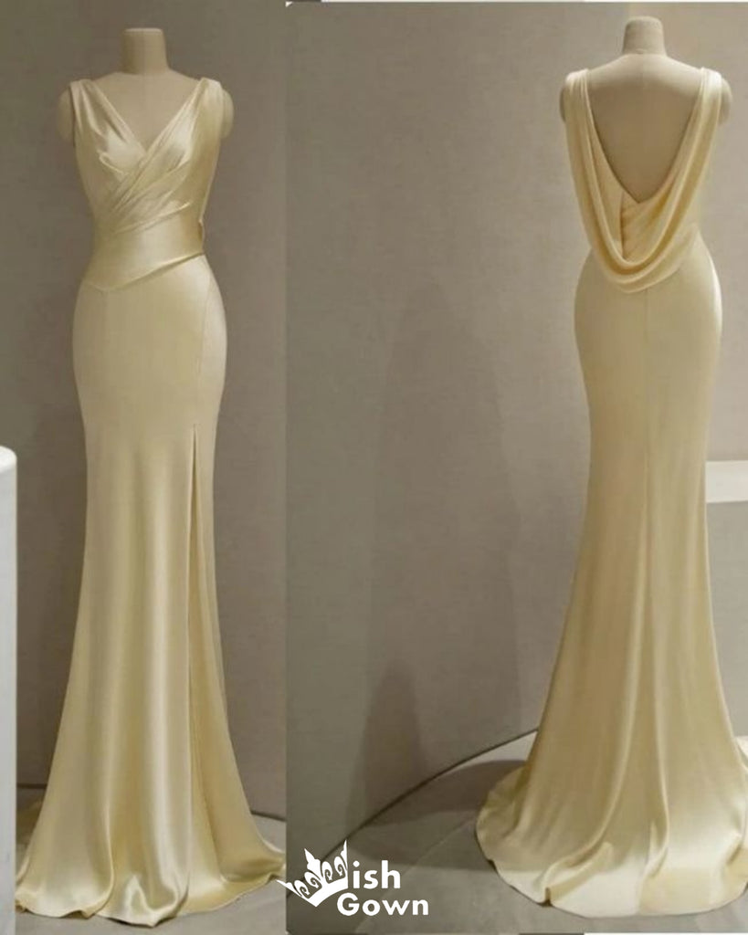 Elegant Light Yellow V Neck Mermaid Long Party Dress Prom Dresses, WGP970